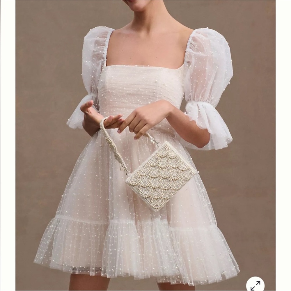 Watters White Mini Dress with Puff Sleeves and Pearl Embellishment